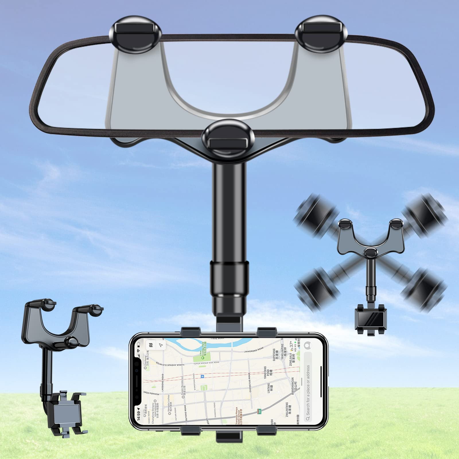 Car Rearview Mirror Phone Holder, Multifunctional Rearview Mirror Phone