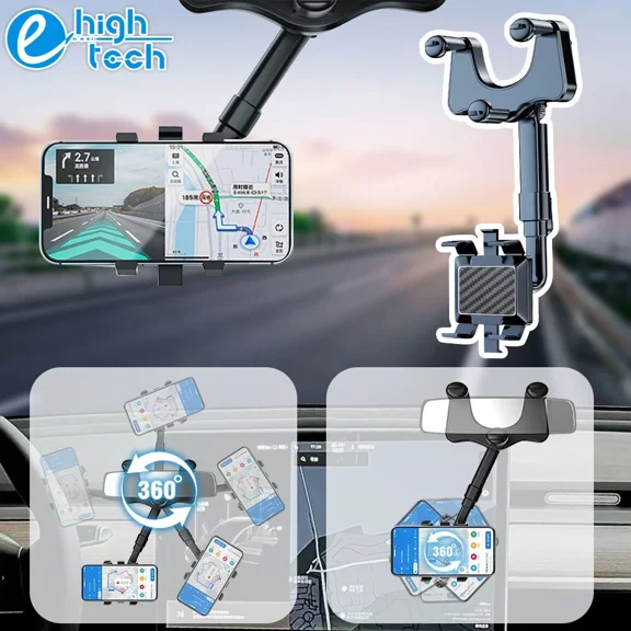 Car Rearview Mirror Phone Mount Holder 360Rotatable Retractable Multifunctional