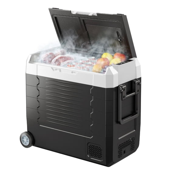 Car Refrigerator 58QT, DC 12/24V & AC 110-240V Compressor Cooler, Dual Zone -4F to 68F, APP Control, Portable Fridge for RV, Truck, Camping, Fishing