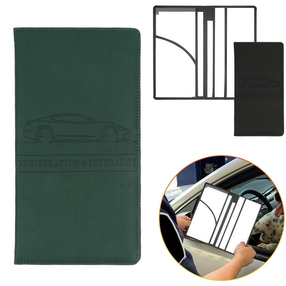 Car Registration and Insurance Card Holder, Pu Leather 5"×9.5" Organizer with Shut and 4 Clear Slots, Embossed Car Documents for License Blackish Green