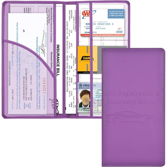 Car Registration and Insurance Card Holder, Vehicle Glove Box Car Organizer Women Car Accessories with Magnetic Shut for Cards, Essential Document, Driver License, Purple