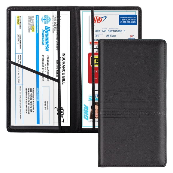 Car Registration & Insurance Document Holder Wallet, PU Leather Vehicle Document Organizer with Multiple Card Slots, Embossed Sports Car Design, Compact Glove Box Accessory - Black