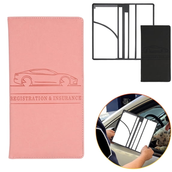 Car Registration and Insurance Card Holder, Pu Leather 5"×9.5" Organizer with Shut and 4 Clear Slots, Embossed Car Documents for License Pink