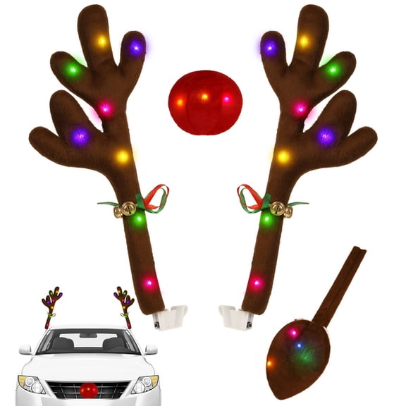 Car Reindeer Antler Kit with LED Light, Christmas Automobile Decorations Lighted Antlers, Tail, and Nose with Jingle Bells Character Kit Car Accessories