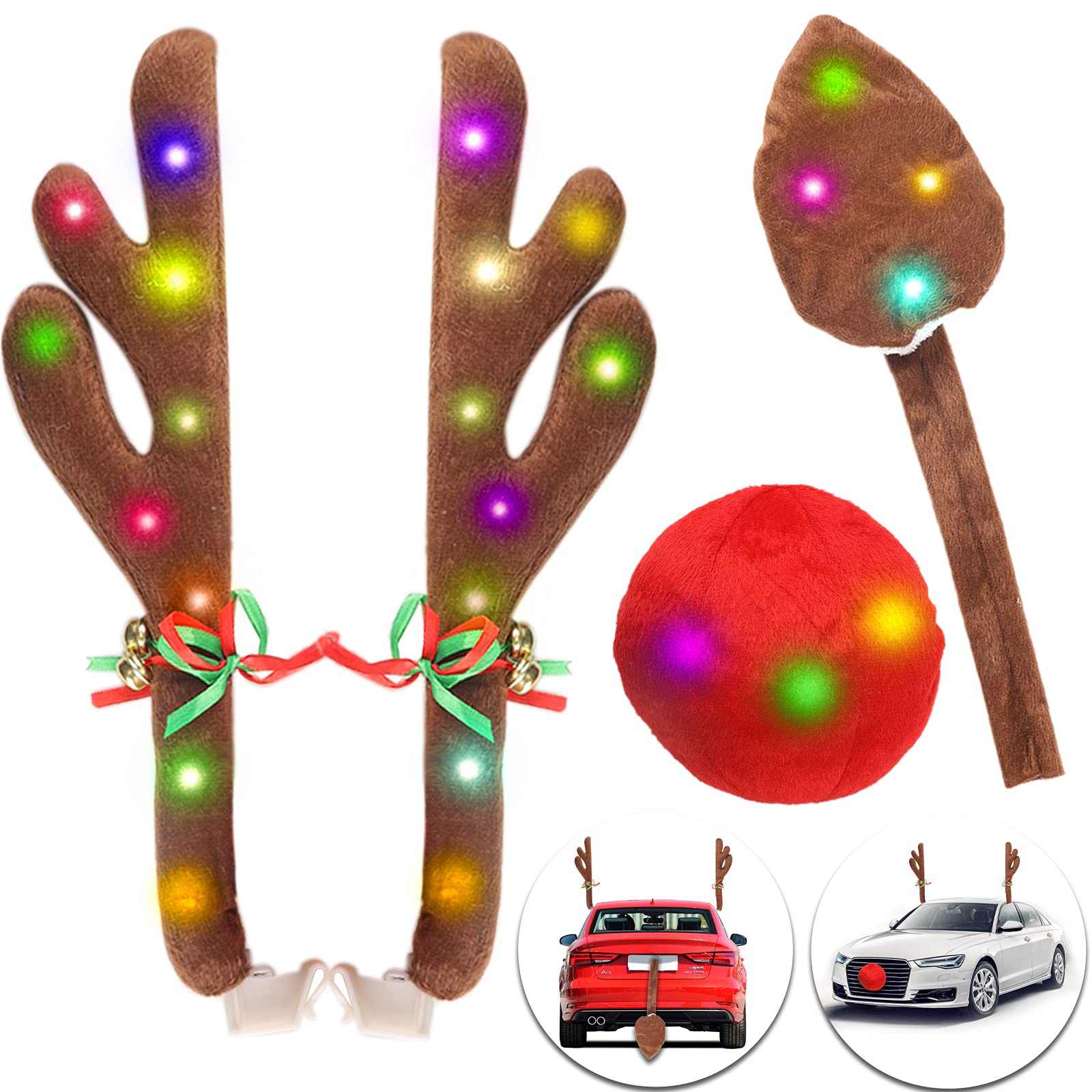 Car Reindeer Antlers, Reindeer Christmas Antlers Car 5 Kit with LED Lights, Reindeer Car Kit