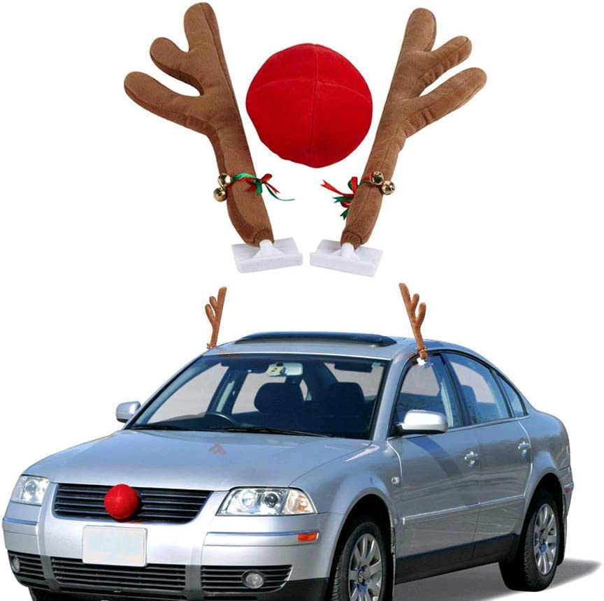 Car Reindeer Antlers Nose Car Set,Includes Car Jingle Bell Antlers