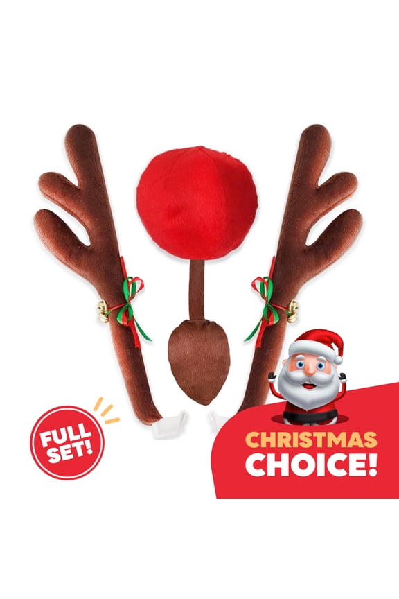 Car Reindeer Antlers & Nose Full Set - Christmas Decorations for Car - Window Roof-Top & Grille Rudolph Reindeer Kit - Auto Holiday Accessories Decoration Kit Best for Car SUV Van Truck