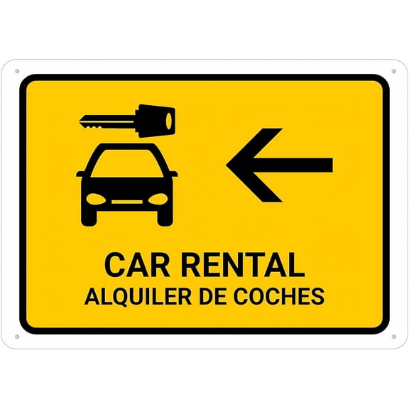 Car Rental with Left Arrow Yellow Bilingual Spanish Sign 12 x 8 Inches - Rust-Free Aluminum, Outdoor Metal Tin Sign, Practical for Home, Business, Yard, Rental Facility