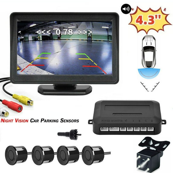 Car Reverse Backup Parking Sensor Radar System, Buzzer beeps, with 4.3in HD Backup Camera Car Monitor Rear Camera View Parking System Night Vision