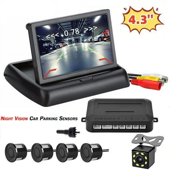 Car Reverse Backup Parking Sensor Radar System, Buzzer beeps, with 4.3in HD Backup Camera Car Monitor Rear Camera View Parking System Night Vision