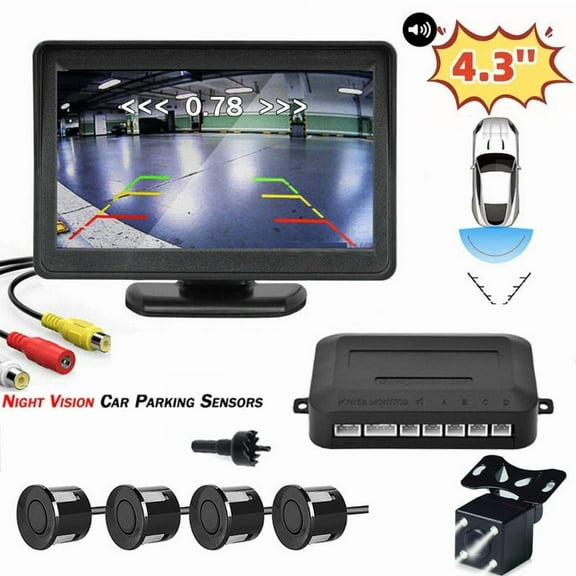 Car Reverse Backup Parking Sensor Radar System, Buzzer beeps, with 4.3in HD Backup Camera Car Monitor Rear Camera View Parking System Night Vision