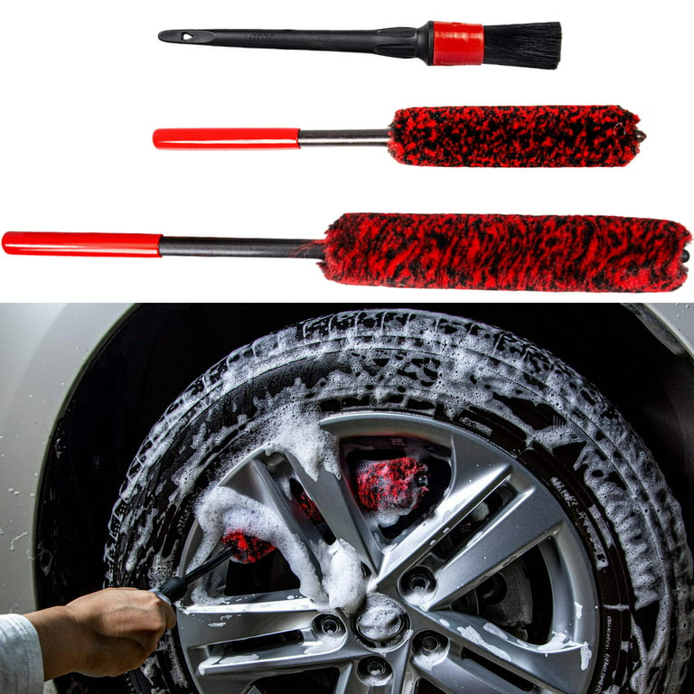 OBOSOE Car Rim Cleaning Wooly Tool Set Wheel Woolies Detailing Brush Tire Synthetic Woolie Brush 3-Piece Kit for Car Alloy Wheel, Air Vent, Engine, Dashboard