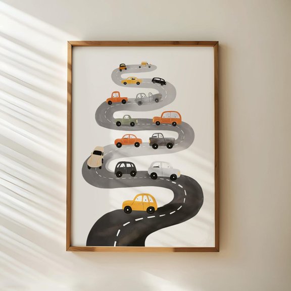 Car Road Map Wall Art Print, Transportation Playroom Decor