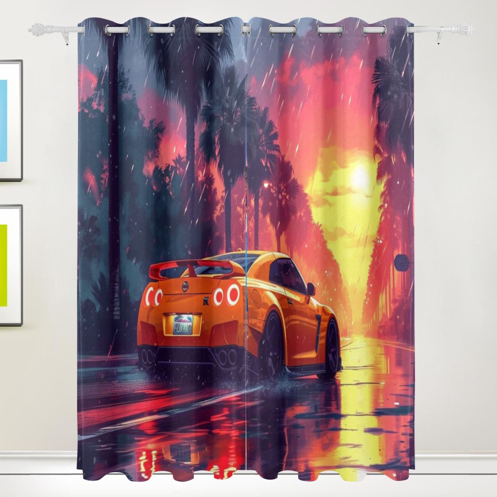 Car Road Trees Black Out Curtains 72 Inch Length Curtains for Sliding Glass Doors Bedroom Living Room 2 Pack