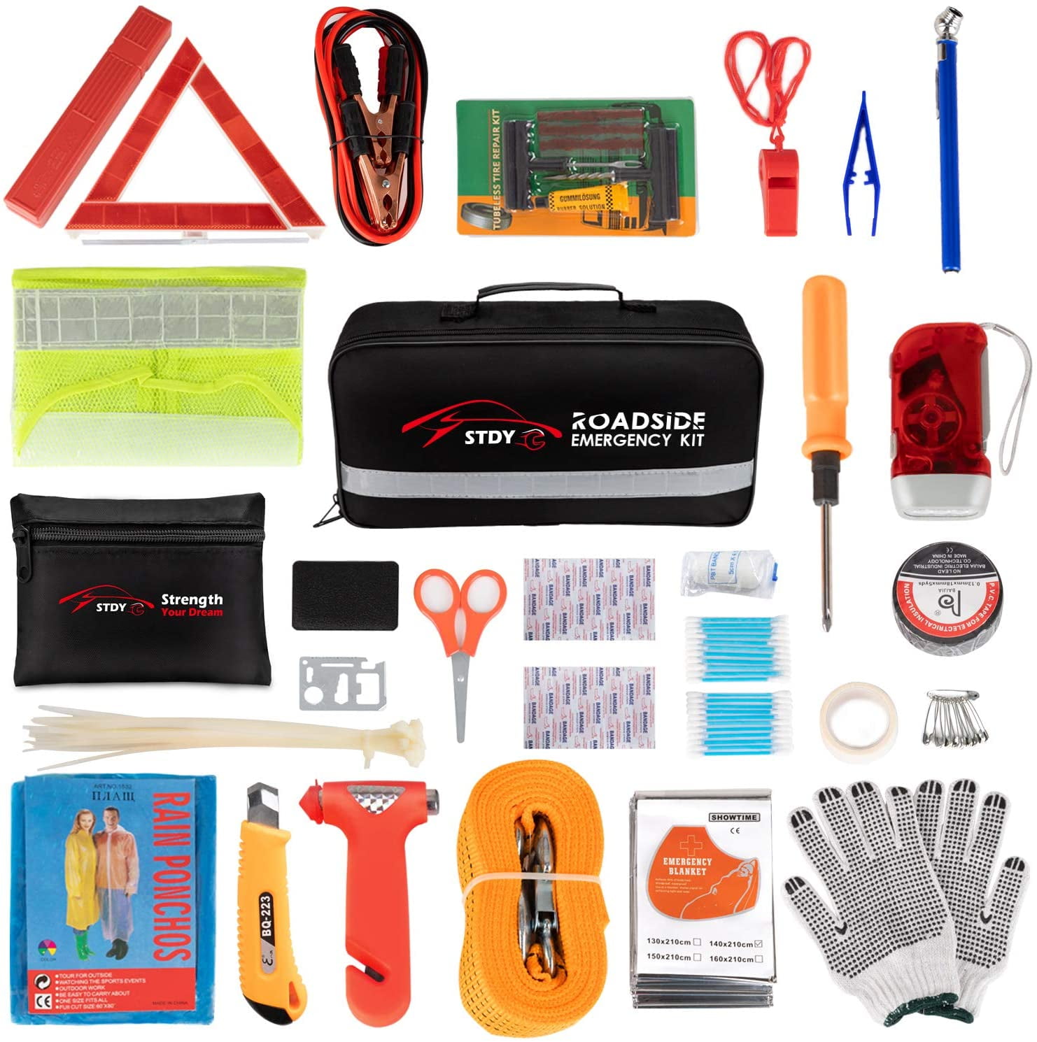 Car Roadside Emergency Kit, Auto Vehicle Truck Safety Emergency Road Side Assistance Kits with Jumper Cables, First Aid Kit, Tow Rope, Reflective Warning Triangle, Tire Pressure Gauge, etc