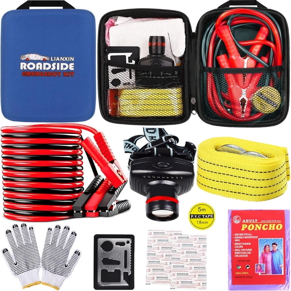 Car Roadside Emergency Kit, with Jumper Cables Automotive Kit,Car Safety Roadside Assistance Kit Headlamp,Tow Straps, Multi-Function Blades, Rainwear, Gloves.Blue