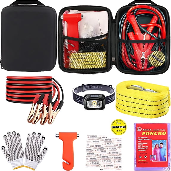 Car Roadside Emergency Kit, with Jumper Cables Automotive Kit,Car Safety Roadside Assistance Kit Headlamp,Tow Straps, Safety Hammers, Rainwear, Gloves.Black