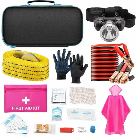 Car Roadside Emergency Kit with Jumper Cables, Car First Aid Kit Emergency Kit for Vehicles, Car Safety Roadside Assistance Kit Headlamp, Tow Straps, Gloves, Essential Car Accessories for Men, Women
