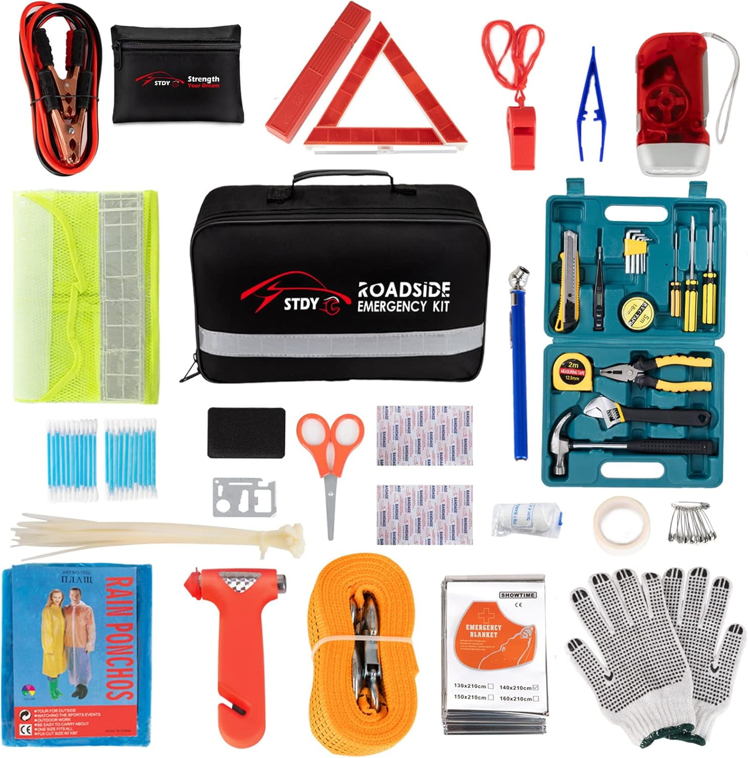 Car Roadside Emergency Kit, Auto Vehicle Truck Safety Emergency Road Side Assistance Kits with Jumper Cables, First Aid Kit, Tow Rope, Reflective Warning Triangle, Tire Pressure Gauge, etc