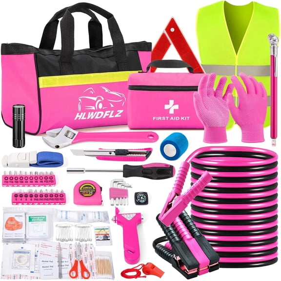 Car Roadside Safety Kit - 129pcs Pink Winter Emergency Road Side Assistance Kits Auto Essential Kit for Men, Women, Teen
