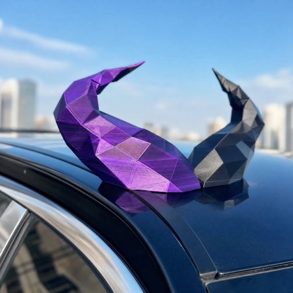 Car Roof Devil Horns Black Purple, 27cm Automotive Exterior Decoration Spiral Design, UV Resistant Lightweight Vehicle Roof Ornament for Sedan SUV Truck Halloween Cosplay Prop