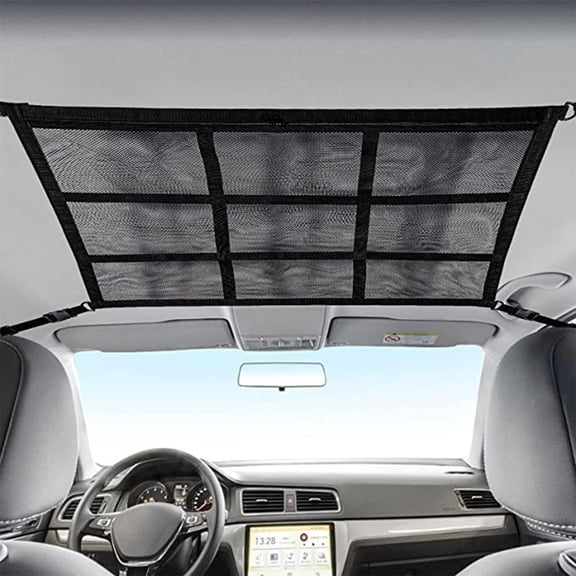 Car Roof Storage Bag - Overhead Cargo Storage Net for SUV - Car Organizer Mesh Pocket with Double-Ended Zipper - Large Capacity Ceiling Storage for Travel, Camping, Road Trip - Polyester, 23x21 Inch