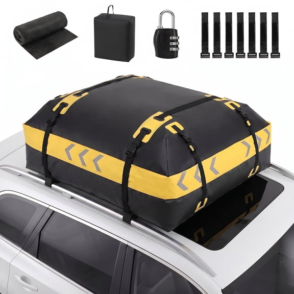Car Rooftop Cargo Carrier 21 Cu Ft Waterproof Roof Bag, 1000D PVC Roof Top Cargo Bag with Anti-Slip Mat, Door Hooks & Straps, Fits SUV, Sedan Without or With Roof Rack