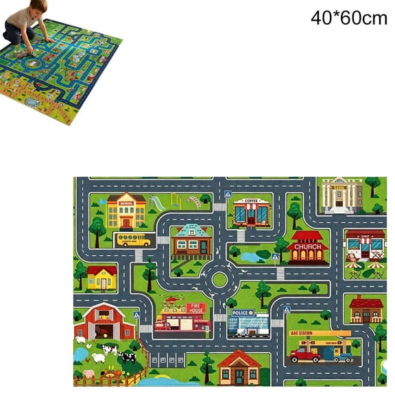 Car Rug Play Mat for Kids Toy Cars, Floor Mat Road Map Pattern Colorful Car-Themed Design Machine Washable Town City Race Track Carpet for Learn and Have Fun