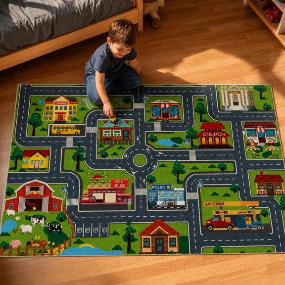 Car Rug Play Mat for Kids Toy Cars, Road Traffic Playmat for Kid Bedroom, Non-Slip Machine Washable Town City Race Track Carpet for Learn and Have Fun