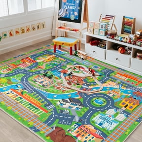 Car Rug Play Mat for Kids Toy Cars, Road Traffic Playmat for Kid Bedroom, Non-Slip Machine Washable Town City Race Track Carpet for Learn and Have Fun