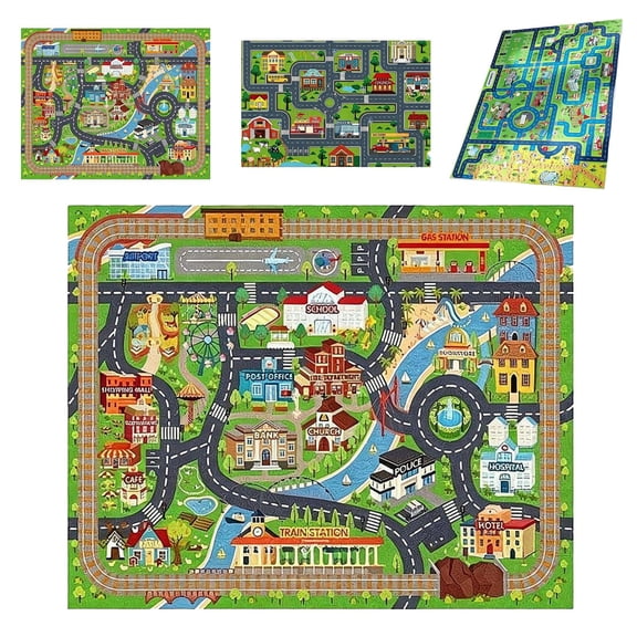 Car Rug Play Mat Plush Velvet 24x35" / 32x47" - Road Map Design & Anti-Slip Carpet for Playroom Decor & Bedroom, 2 Sizes Available