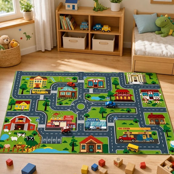 Car Rug Play Mat for Kids, Road Traffic Town City Playmat with Non-Slip Bottom, Machine Washable Race Track Carpet for Bedroom Learning