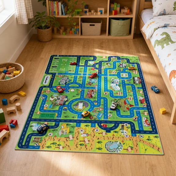 Car Rug Play Mat for Kids, Road Traffic Town City Playmat with Non-Slip Bottom, Machine Washable Race Track Carpet for Bedroom Learning