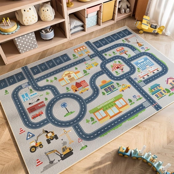 Car Rug, Road Carpet Play Mat For Toy Cars, Non-Slip Race Track Carpet Rug, Educational Area Play Rugs For Children Playroom Bedroom (Town Road)-5x7ft