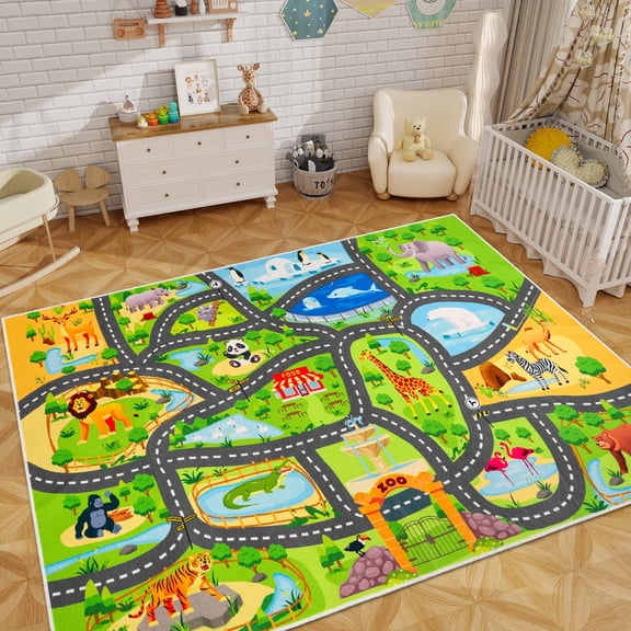 Car Rugs for Kids Toy Cars,59"X39.4" Animal Road Rug for Kids,Non Slip Zoo Road Map Cars Track Mat,Washable Kids Carpet Playmat Rug for Playroom Bedroom Boys,Track Rugs Cars Play Carpet for Kids