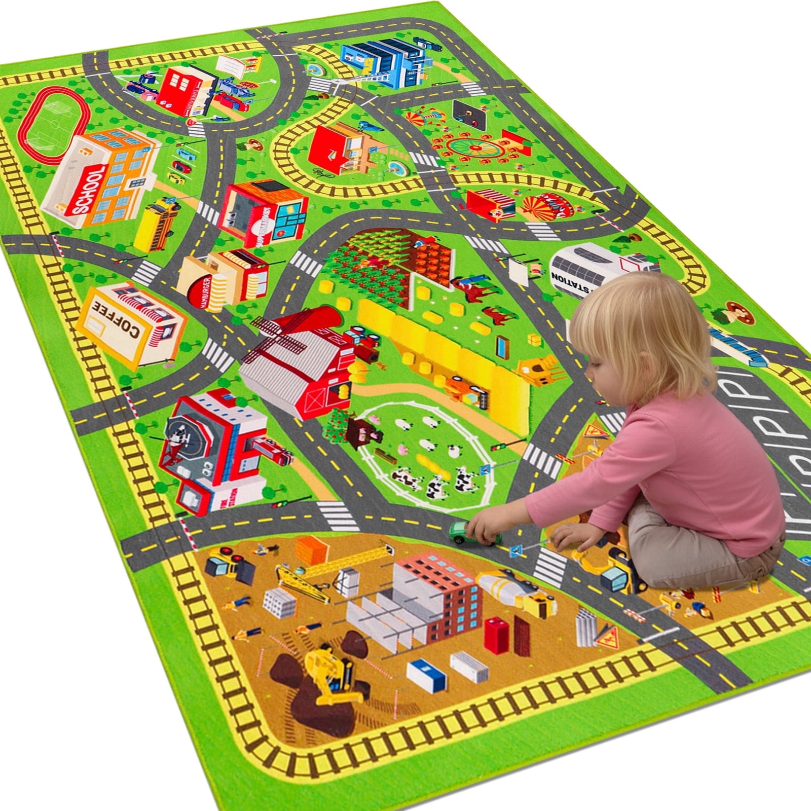Car Rugs for Kids Toy Cars, Non-Slip Kids Play Rug, Town City Road Carpet for Kids Boys Playroom Bedroom, Washable Car Track Playmat Vehicle Mat for Children Baby (City, 59"X39.4")