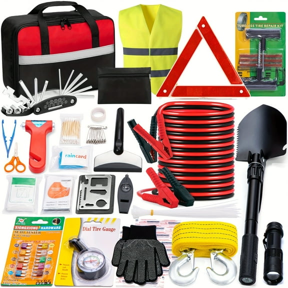 Car Safety Roadside Kit with Emergency Jumper, Towing Rope and Multifunctional Shovel, Ideal for Family and Friends