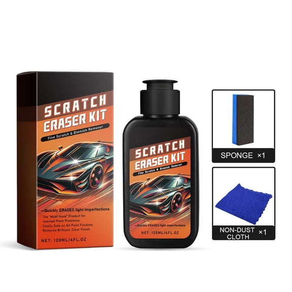 Car Scratch Eraser Kit 120ml Fine Scratch Remover with Sponge and Cloth for Automotive Paint Repair, Restores Glossy Finish, Removes Swirl Marks and Scuffs at Home