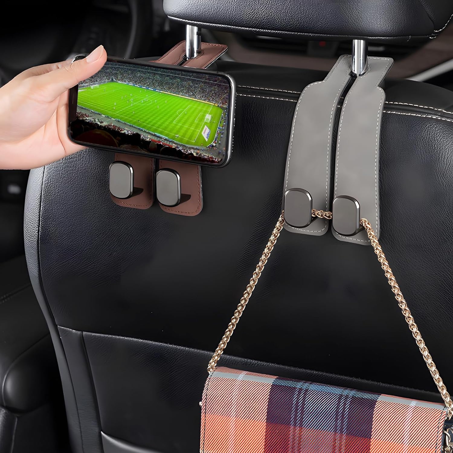 Car Seat Back Double Hook, 2024 New Car Seat Headrest Hook, Leather Car
