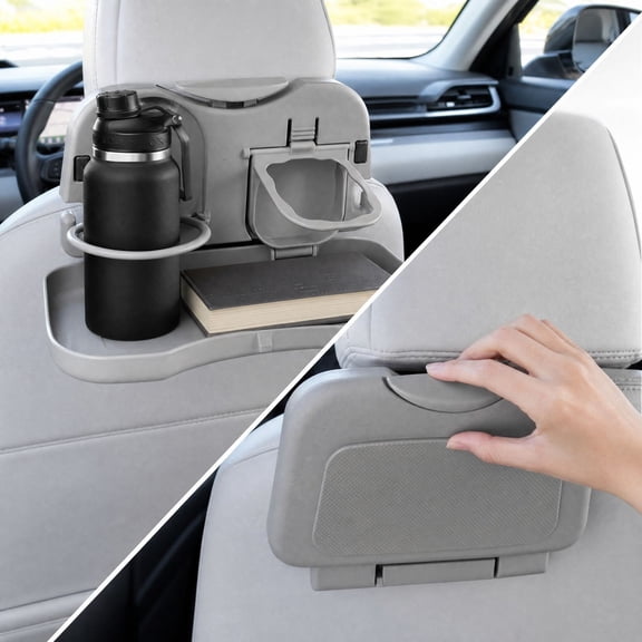 Car Seat Back Foldable Tray Table Auto Backseat Food Tray With Cup Holders Multifunctional Car Interior Accessory For Travel Eating, Gray, Plastic