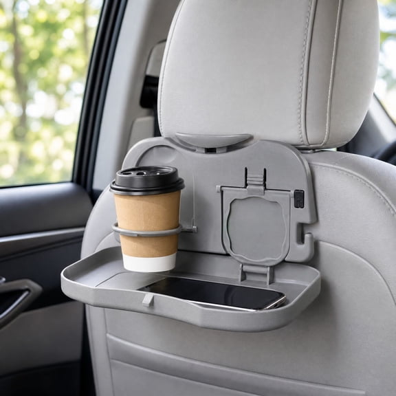 Car Seat Back Foldable Tray Table with Cup Holders, Sturdy Hard Plastic Structure, Space Saving Travel Desk for Road Trip Eating, Snacks, Drinks and Family Vehicle Use