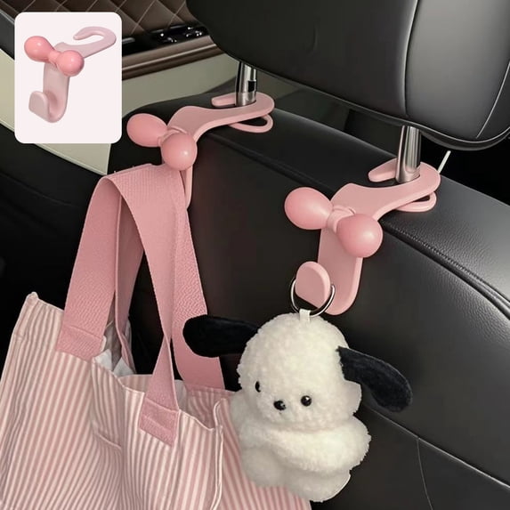 Car Seat Back Hook, Bowknot Headrest Hanger - Pink Car Organizer with No Tools Installation for Bags, Umbrellas, Groceries & Snacks