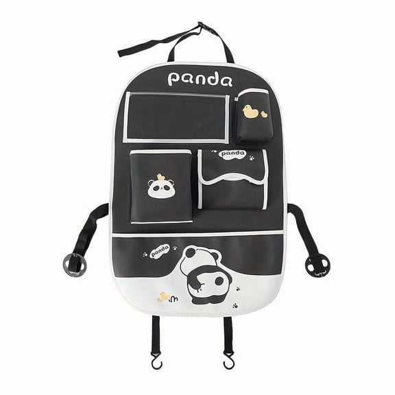 Car Seat Back Organizer, Cute Panda Cartoon Black Multi-Functional, 1 Pack Universal Vehicle Hanging Storage Bag, for Car Interior Anti-Dirty Anti-Kick Pad Tissue Cup Holder for Kids Travel Road Trip