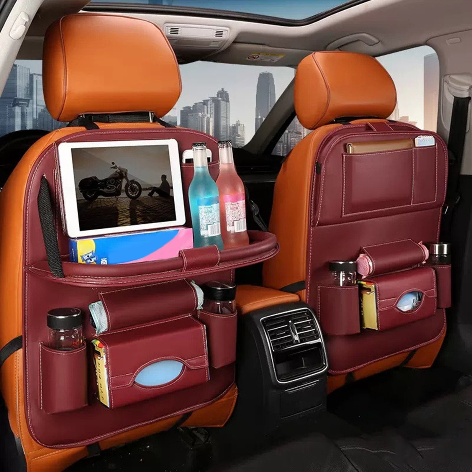 Car Seat Back Organizer with Foldable Table Tray, PU Leather Car Back seat Organizer for Babies