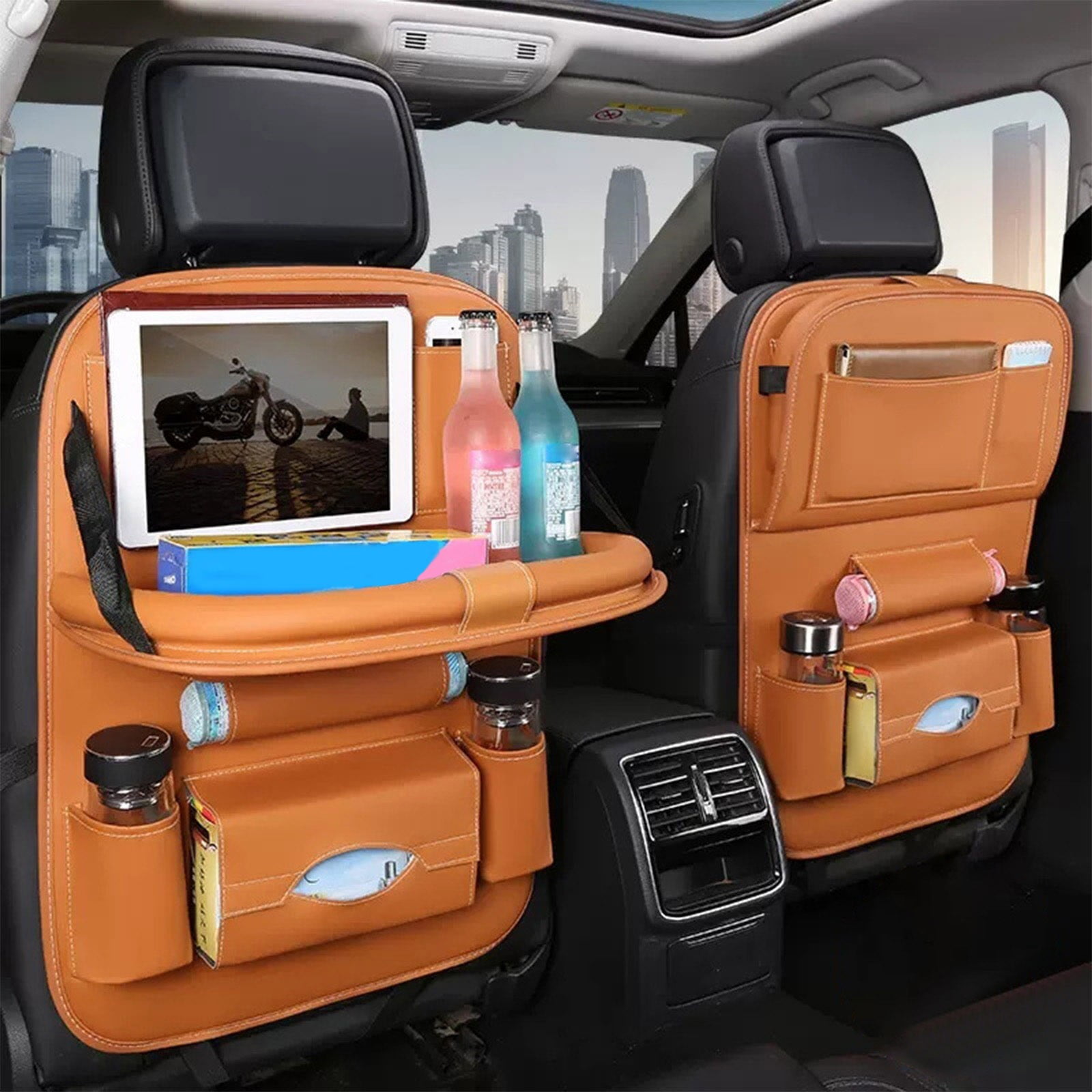 HighLyfe Car Organizer PU Leather Auto Seat Car Organizer- Multi Storage  Pockets with Folding Meal Tray