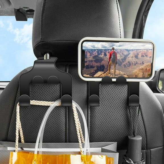 Car Seat Back Organizer Hooks | Heavy Duty 20 lb Load Bearing Hangers | Durable ABS Plastic | Mobile Phone Stand | Universal Fit for SUV, Car, Truck, Van | Black | 1 Pack | 3.93x3.66x3.54 in