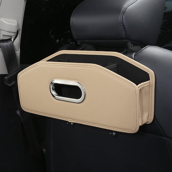 Car Seat Back Organizer with Tissue Box and Cup Holder Leather Hanging Storage Bin for Backseat Small Items Paper Towels Drinks Phone Car Interior Accessory Space Saving