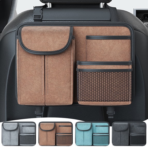Car Seat Back Organizer with 4-Layer Storage Pockets, Leather Hanging Backseat Storage Bag for Car Interior Clutter and Essentials