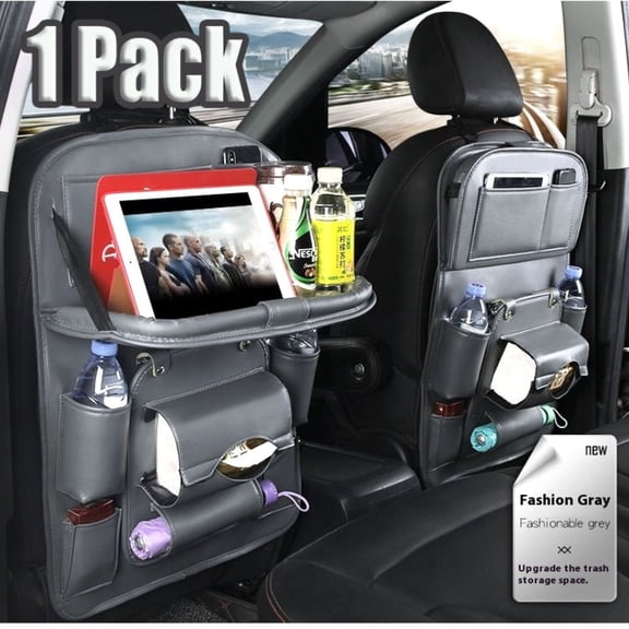Car Seat Back Organizer with Tray Table, Cup Holder and Trash Bag Holder, Brown