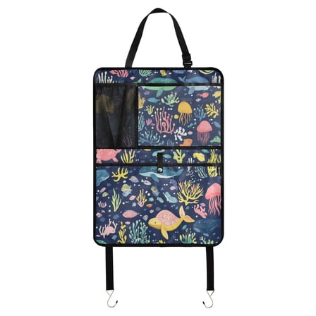 Car Seat Back Protector,Waterproof & Stain Resistant Kick Mats with Tablet Holder & Organizer Pockets,Easy-Clean Nylon Back Seat Protector Marine Organism